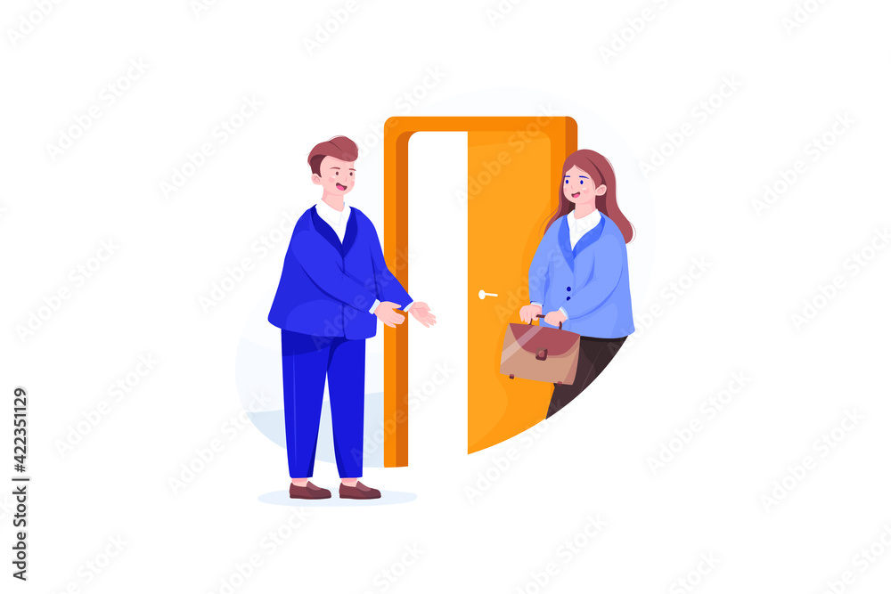 Fototapeta premium Businessman invites woman to the office. Meeting, business negotiation, interview.