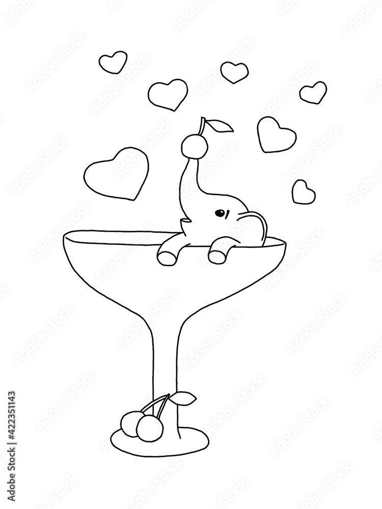 The outline of the little elephant holding a cherry and sitting in a glass, surrounded by hearts