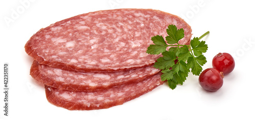 Smoked salami slices, isolated on white background