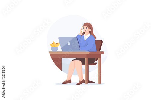 Girl telephone consultant in workplace