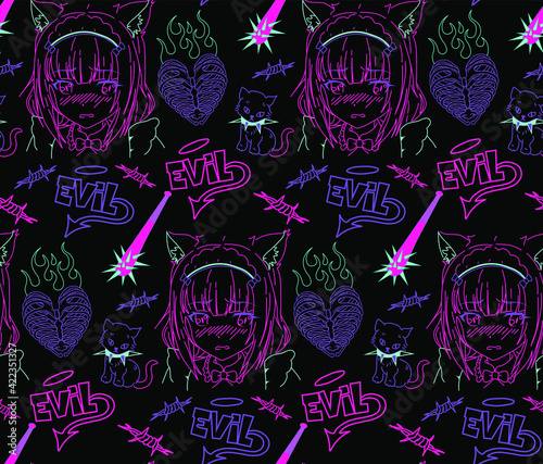 Vector anime girl seamless pattern in pink color with different elements 