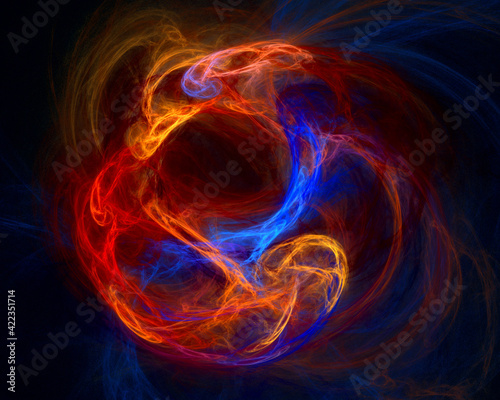 Abstract multicolored nebula in red  orange and blue colors on black. Far and deep space. Luminous cloudy circle  framing endless perspective of the universe. Great as poster  banner  card or flyer.