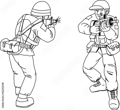 Hand drawn , Army Soldier with assault rifle isolated on white.save the child.illustration of war.