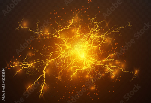 Fototapeta Realistic lightning bolts on a black transparent background