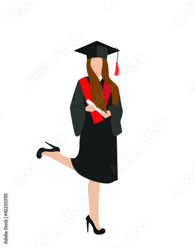 Young woman in square academic cap celebrating 2021 graduation during coronavirus quarantine isolated on the white background 