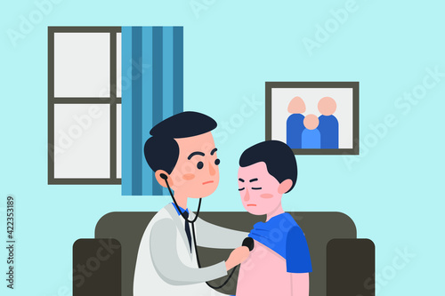 Doctor practitioner in white coat with stethoscope attending sick schoolboy at home