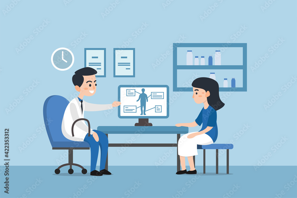 Patient woman talking to primary care physician man at hospital office. Clinic appointment meeting with doctor, having conversation with medic about checkup results. 