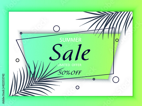 Summer sale, discounts, limited offer. Vector banner.Template with modern design of plants. Advertising message, favorable price. Page for an online store. Promotion of retail business.