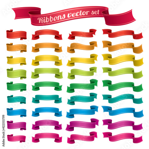 Set of vector illustration ribbons, paper. Shiny sign, label icon isolated on white.
