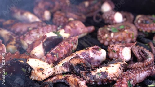 Cooking octopus on a barbeque grill