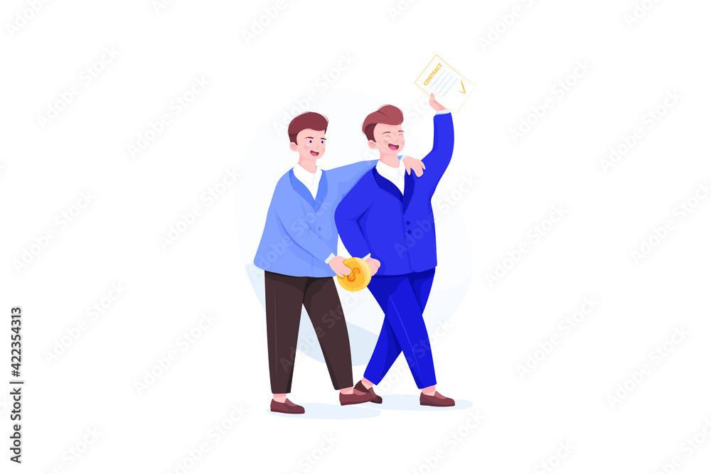 One businessman hold contract in hand and another hold golden coin. - Success business concept One businessman hold contract in hand and another hold golden coin. - Success business concept