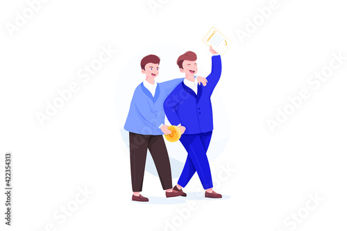 One businessman hold contract in hand and another hold golden coin. - Success business concept