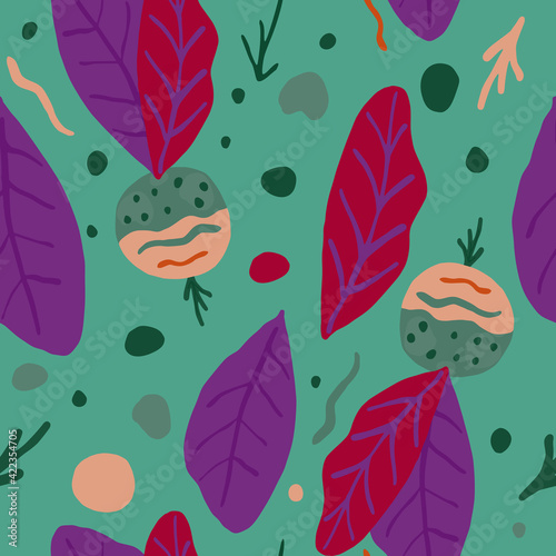 Cute radish seamless pattern. radish with leaves backdrop. Green background.