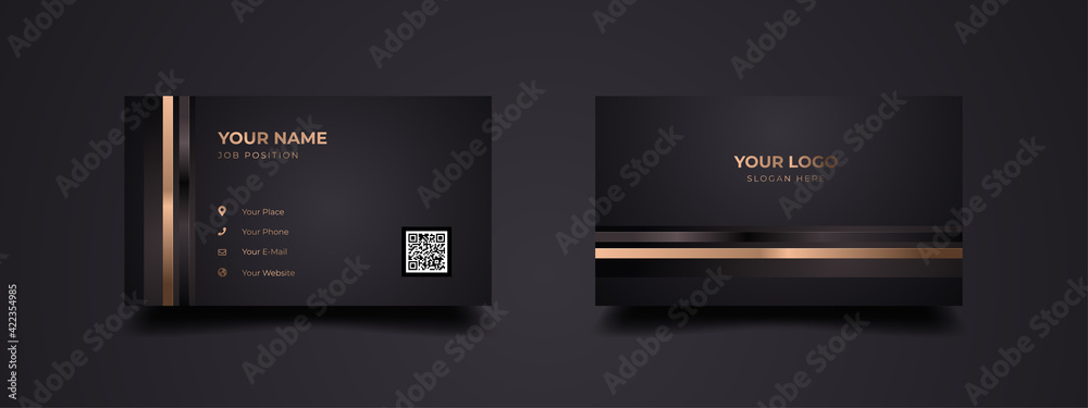 Luxurious business card with golden line template design. Modern inspiration from the abstract. Contact card for companies or startup company. Two sides dark black and gold color. Vector illustration. Luxurious business card with golden line template design. Modern inspiration from the abstract. Contact card for companies or startup company. Two sides dark black and gold color. Vector illustration.