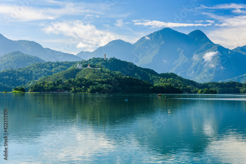 The scenery of Sun Moon Lake in the morning, a famous attraction in Taiwan, Asia.