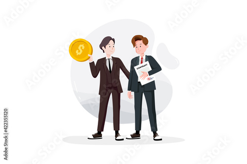One businessman hold contract in hand and another hold golden coin. - Success business concept