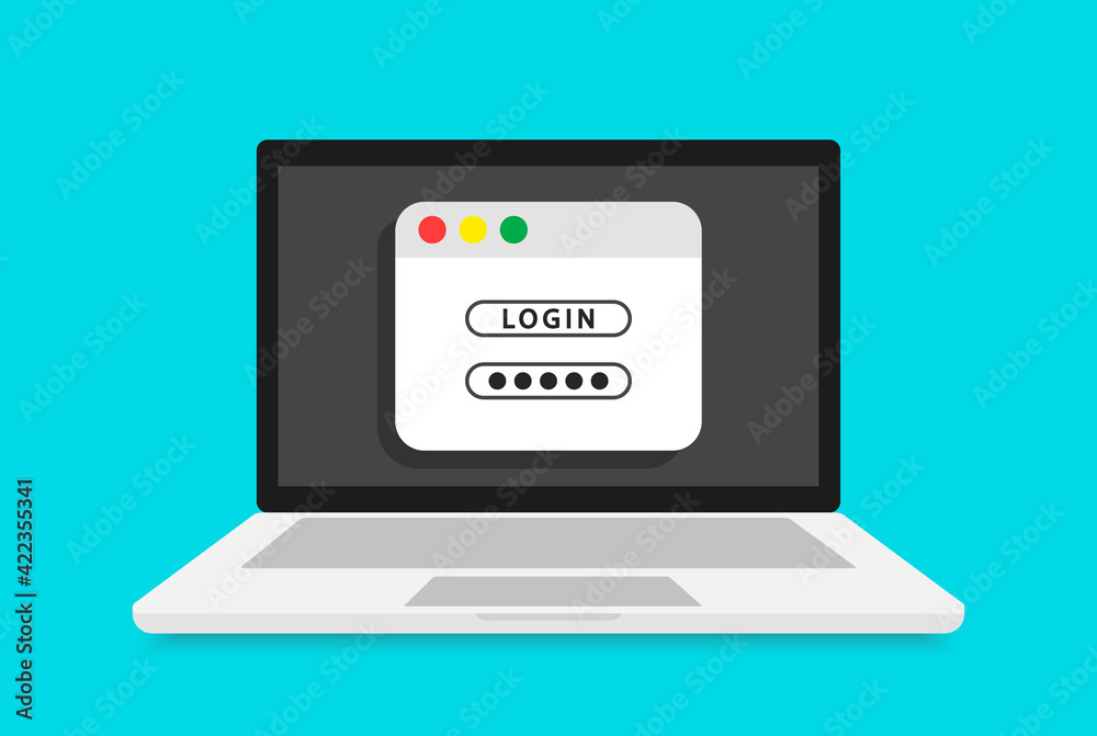 Login form on laptop screen. Online registration. Computer with login and password form page on screen. Sign in to account. User authorization. Vector illustration