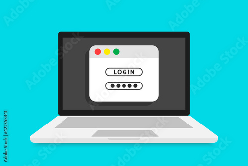 Login form on laptop screen. Online registration. Computer with login and password form page on screen. Sign in to account. User authorization. Vector illustration