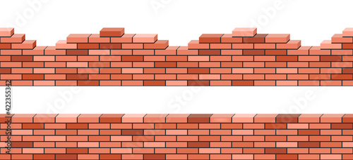 Brick walls 3d view  set of seamless pattern for background. Red brick stacked. Broken or demolited building wall isolated. Vector illustration.