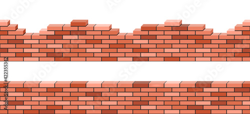 Brick walls 3d view, set of seamless pattern for background. Red brick stacked. Broken or demolited building wall isolated. Vector illustration.