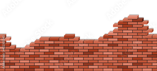 Brick wall broken, 3d view. Red brick texturel  seamless pattern for cartoon or game background of  building or house demolition. Vector illustration