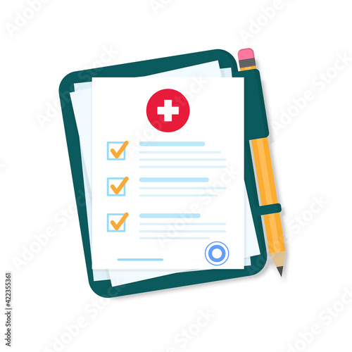 Medical clipboard with completed checklist. Medical report. Hospital checkup document. Diagnostic report icon. Check List Clipboard. Vector illustration. EPS 10