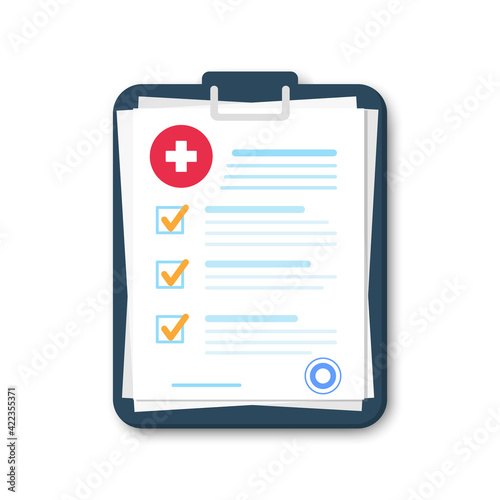 Medical clipboard with completed checklist. Medical report. Hospital checkup document. Diagnostic report icon. Check List Clipboard. Vector illustration. EPS 10