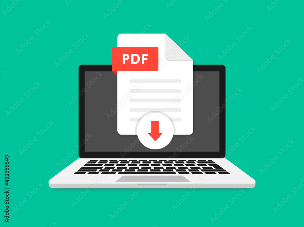Download PDF icon file with label on laptop screen. Downloading document concept. View, read, download PDF file on laptops and mobile devices. Banner for business, marketing and advertising.