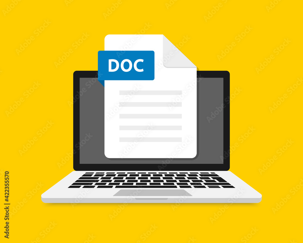 DOC icon file with label on laptop screen. Downloading document concept. View, read, download PDF file on laptops and mobile devices. Banner for business, marketing and advertising. Vector. DOC icon file with label on laptop screen. Downloading document concept. View, read, download PDF file on laptops and mobile devices. Banner for business, marketing and advertising. Vector.