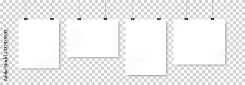 Set of four white realistic blank paper pages with shadow. Four empty paper sheets or blank pictures canvas hanging on wall. Design poster, template or mockup on transparent background. Vector