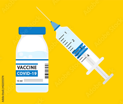Syringe with vaccine, medicine bottle on yellow background. Covid-19 Coronavirus concept. Vaccination concept. Flat vector illustration