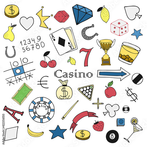 Vector hand drawn doodles with multicolored casino elements on white background