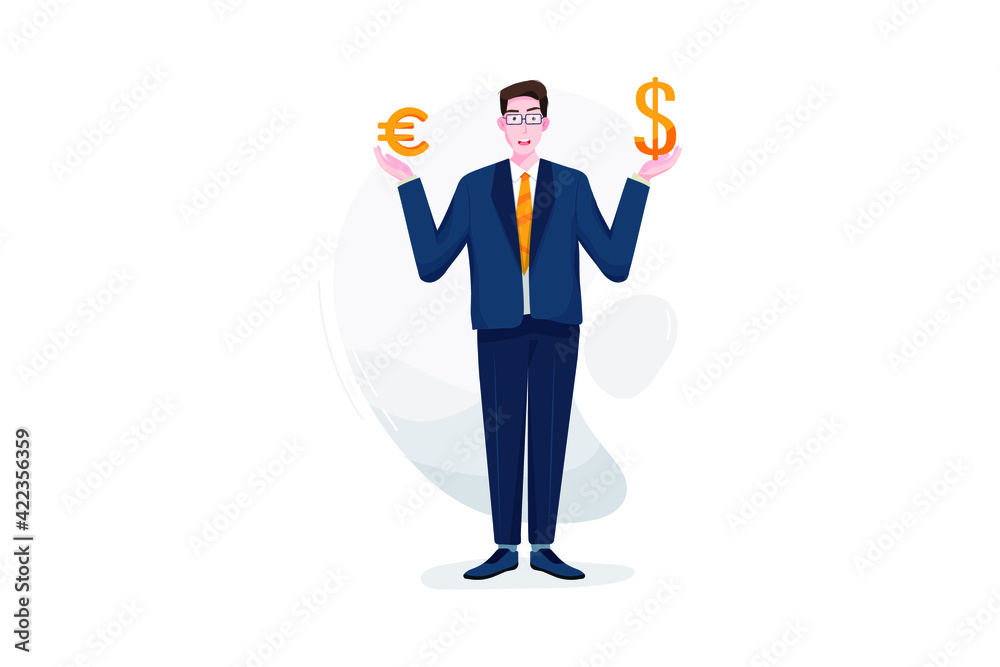 Businessman standing with two currency symbols in his hand