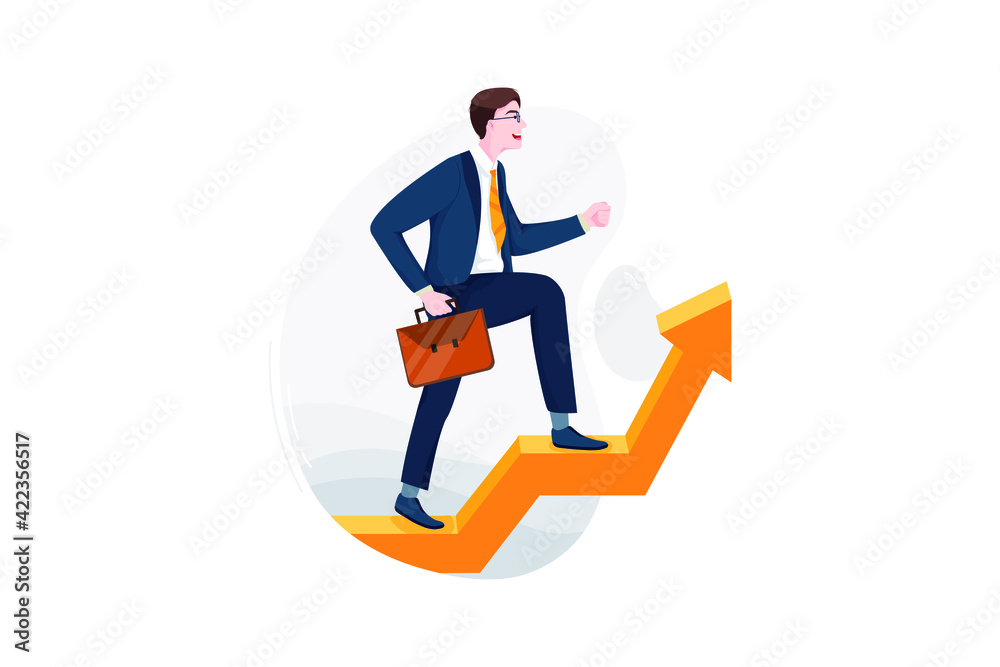 Businessman with the briefcase goes up the large arrow symbol. Businessman with the briefcase goes up the large arrow symbol.
