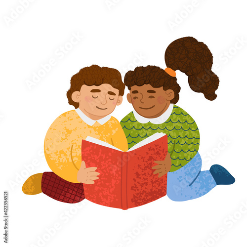 Cute little boy and girl reads a book