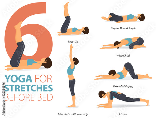 6 Yoga poses or asana posture for workout in Stretches Before Bed concept. Women exercising for body stretching. Fitness infographic. Flat cartoon vector