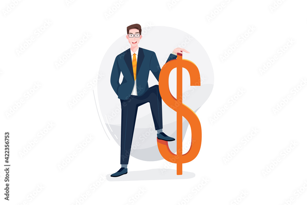 Happy businessman stands next to the currency symbol. Business growth concept illustration. Happy businessman stands next to the currency symbol. Business growth concept illustration.