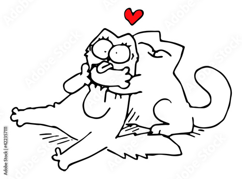 cute. 
cat simon. two cats are hugging. embrace. happiness is love. black and white illustration. animals. kittens.