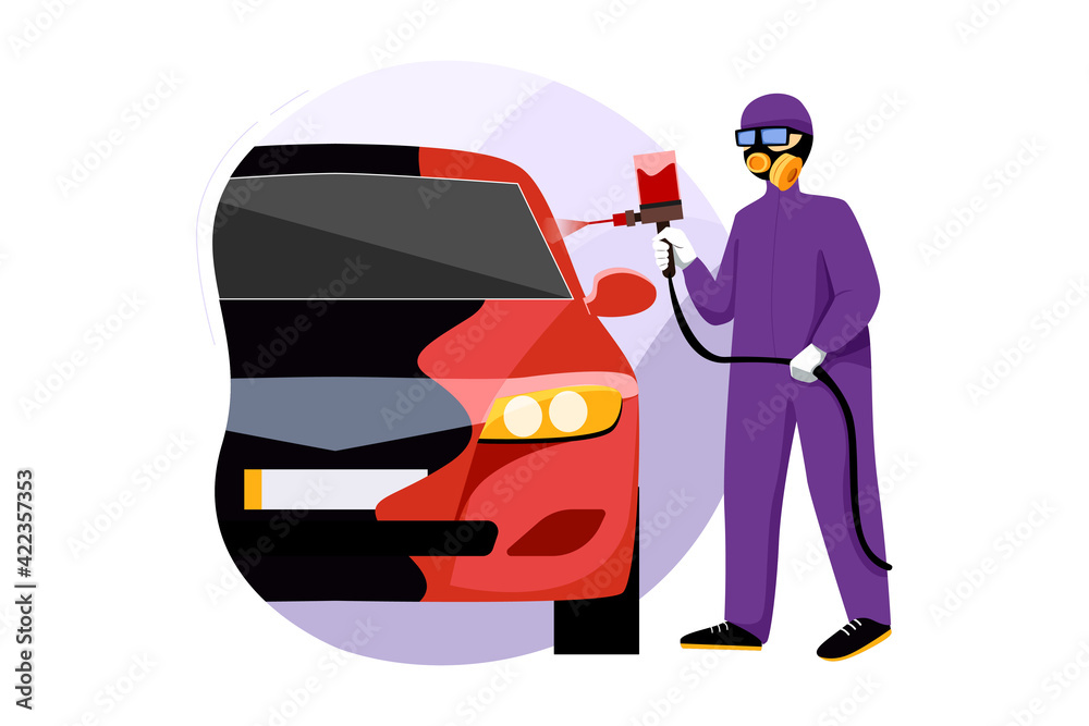 A professional car painter who is painting the body work of a car with