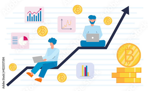 Group of people work, graphs, golden bitcoin. Trading online. Business, finance and trade. Investments for bitcoin. Vector illustration.