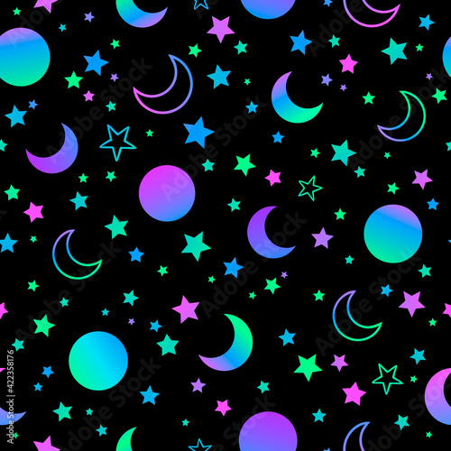 mystical bright neon pattern with sun moon and stars