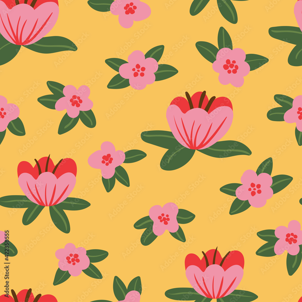 Fototapeta premium Garden and wild flowers and leaves, plants, botanical seamless pattern vector design for fabric, wallpaper, wrap. Botanical illustration, floral element, hand drawn background. Abstract backdrop.