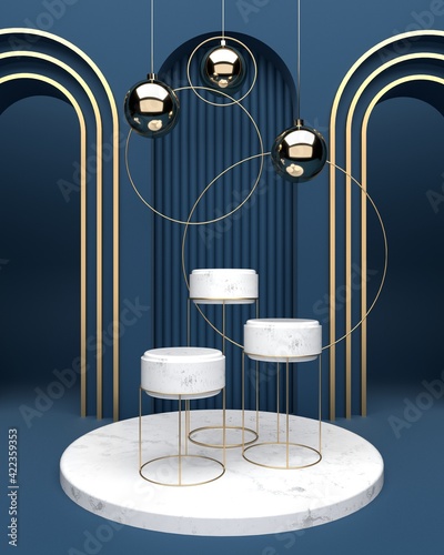 Geometric and circular platform marble surfaces and the oval ball gold surface. Put on a blue background. Decorative blue backdrop. Minimalist mockup for podium display or showcase  3d rendering.