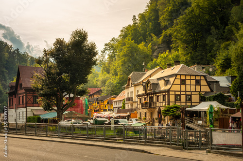 old buildings at the foot of the mountain in the small Czech village of Hrensko 