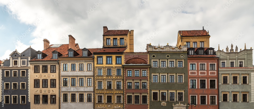 view of the tenement house architecture on the square in the old town of Warsaw