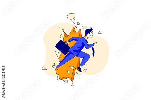 Businessman run Breaking the wall to Successful Vector Illustration concept. 