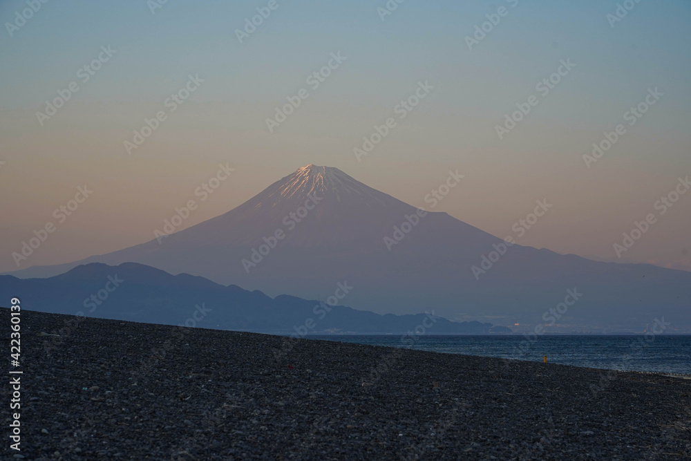 Close up Black beach called Miho beach Fuji mountain twilight sunset time at Miho No Matsubara, Shimizu, Shizuoka, Japan