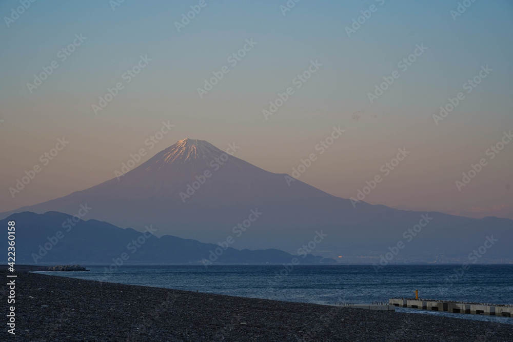 Miho beach with Fuji mountain in evening sunset time at Miho No Matsubara, Shimizu, Shizuoka, Japan at Miho No Matsubara, Shimizu, Shizuoka, Japan