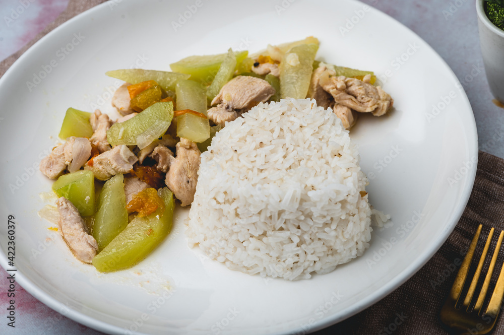 Ginisang Sayote- Sauteed Chayote with Chicken and Rice- a simple but healthy Filipino meal set. (profile close up) Ginisang Sayote- Sauteed Chayote with Chicken and Rice- a simple but healthy Filipino meal set. (profile close up)