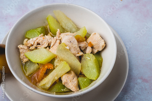 Ginisang Sayote- Sauteed Chayote with Chicken and Rice- a simple but healthy Filipino meal set (solo top)